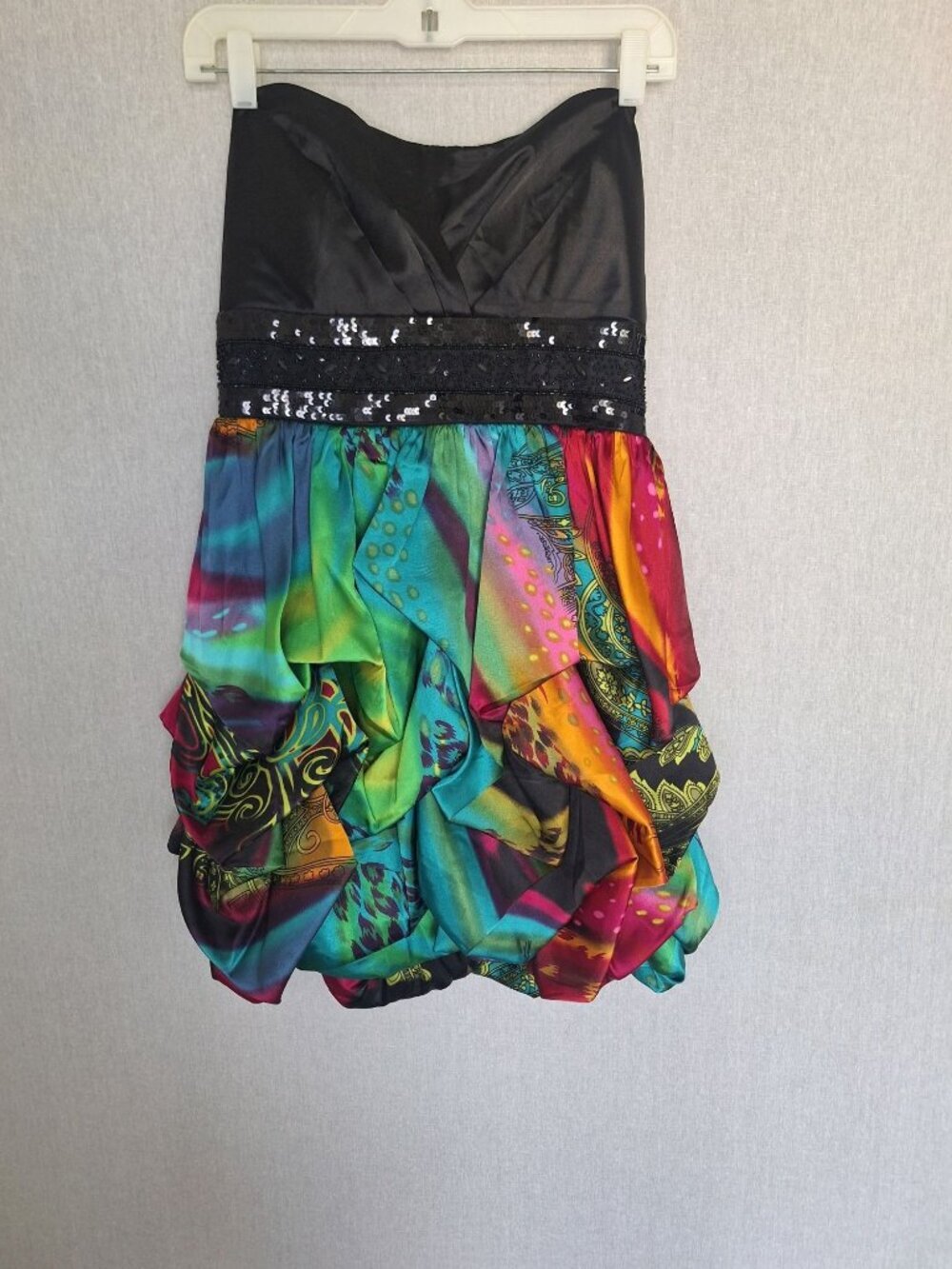 💙 Speechless Strapless Bubble Hem Dress Size 13/M Multicolor Abstract Print Seq